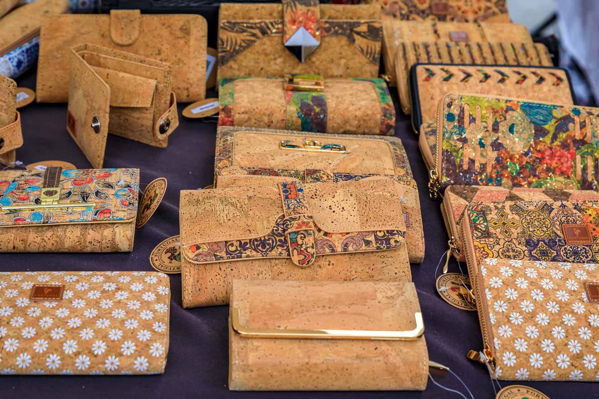 Table displaying the best sustainable wallets made from cork, with various decorative patterns.