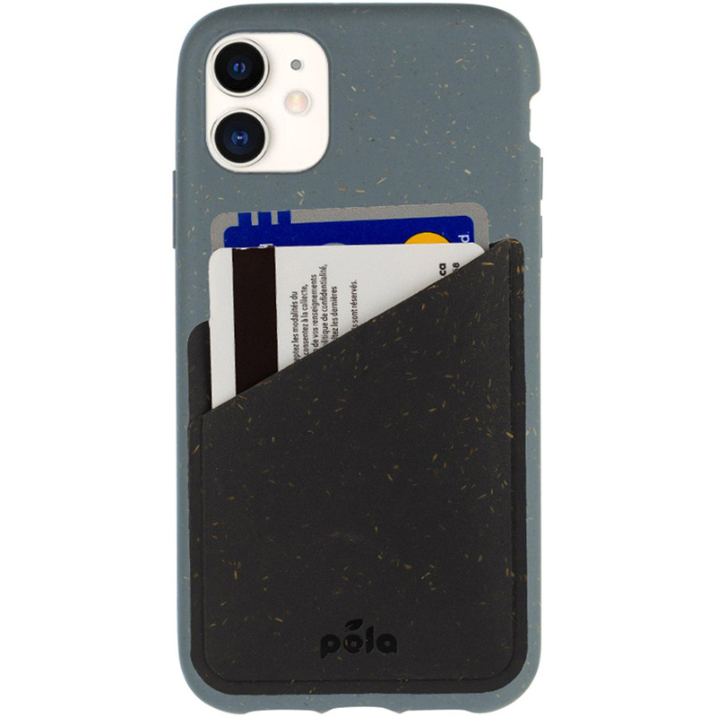 Isolated image of black and blue Pela sustainable wallet and phone case.