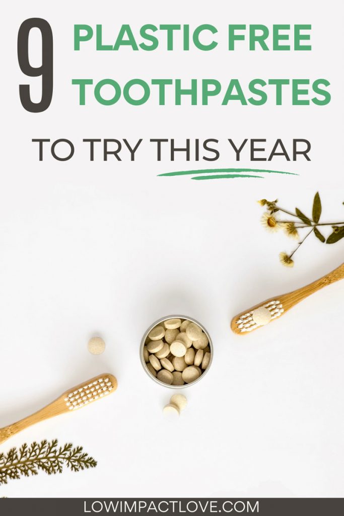 Two bamboo toothbrushes with jar of toothpaste tablets in between, with text overlay - "9 plastic free toothpastes to try this year".