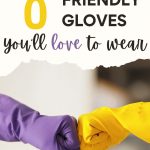 Purple and yellow gloves bumping fists, with text overlay - "8 eco friendly gloves you'll love to wear".