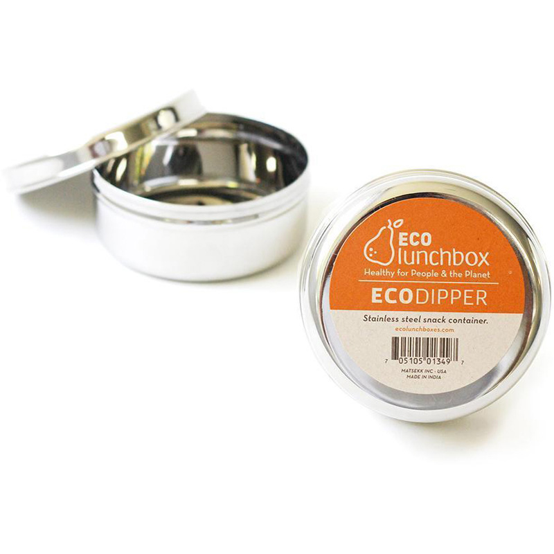 Isolated image of Ecodipper round stainless steel snack container.
