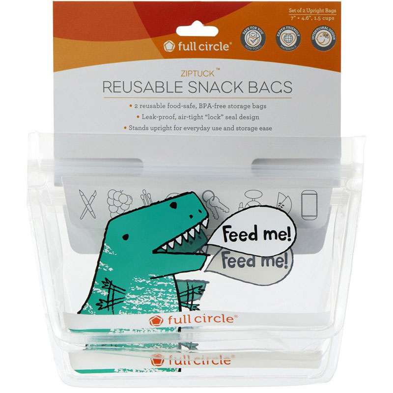 Isolated image of reusable snack bags with dinosaur print.